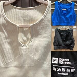 Set of 3 Ribbed Keyhole Crop Tank Tops  — Vibrant Blue, Jet Black, Creamy White